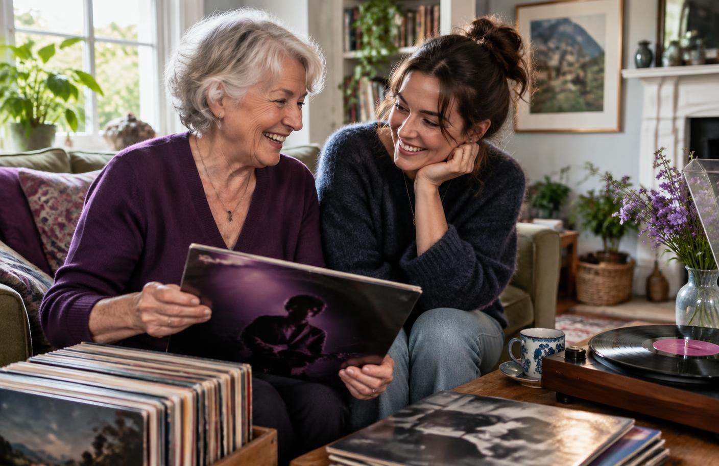 Two generations sharing memories while looking through records together