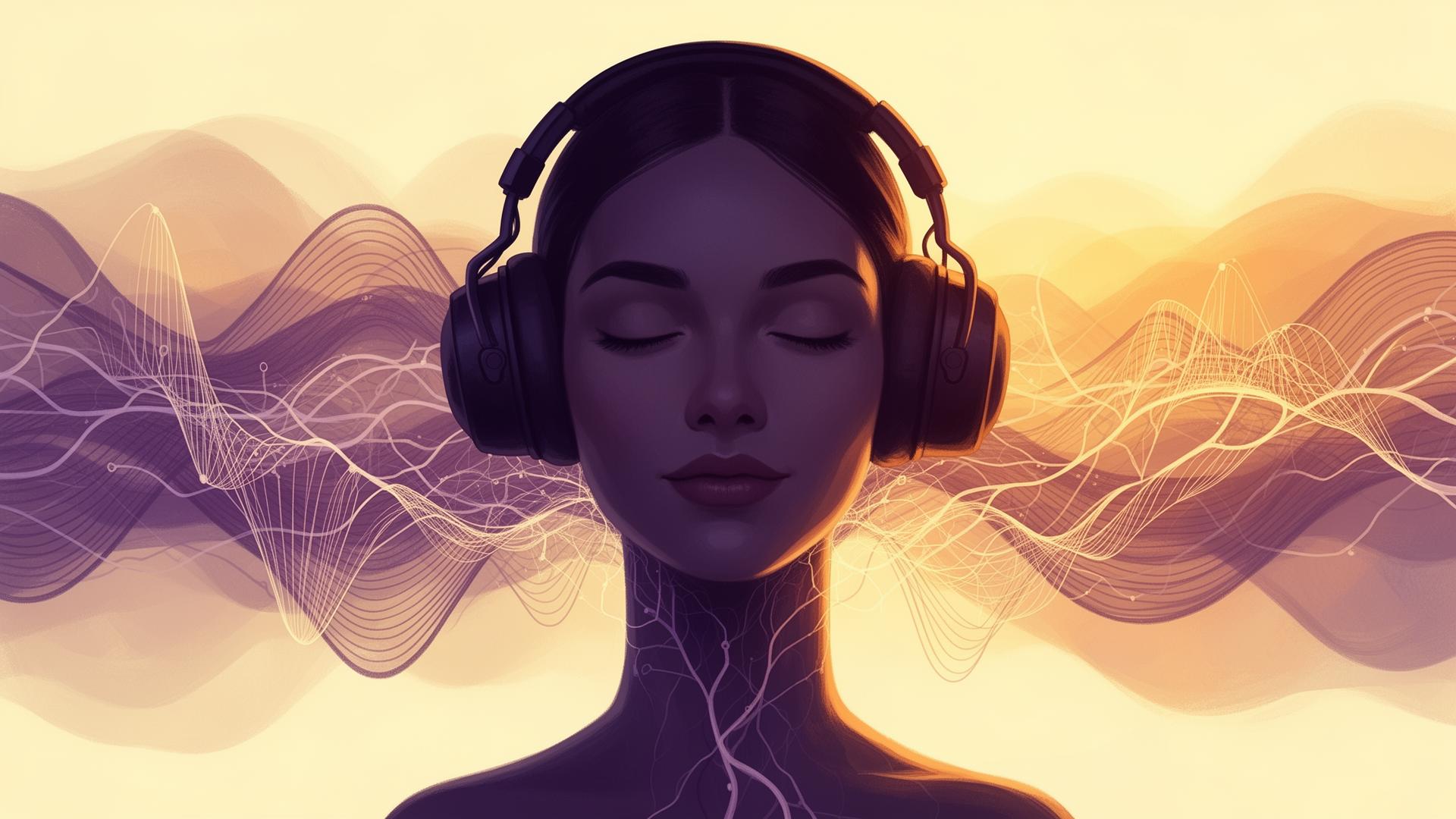 Editorial illustration of a woman wearing closed-back headphones surrounded by warm violet sound waves