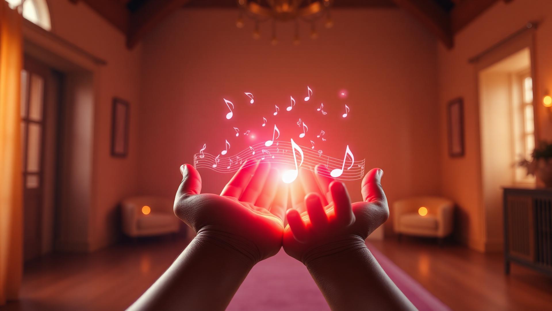 Person in soft violet light with eyes closed, hand resting near their heart