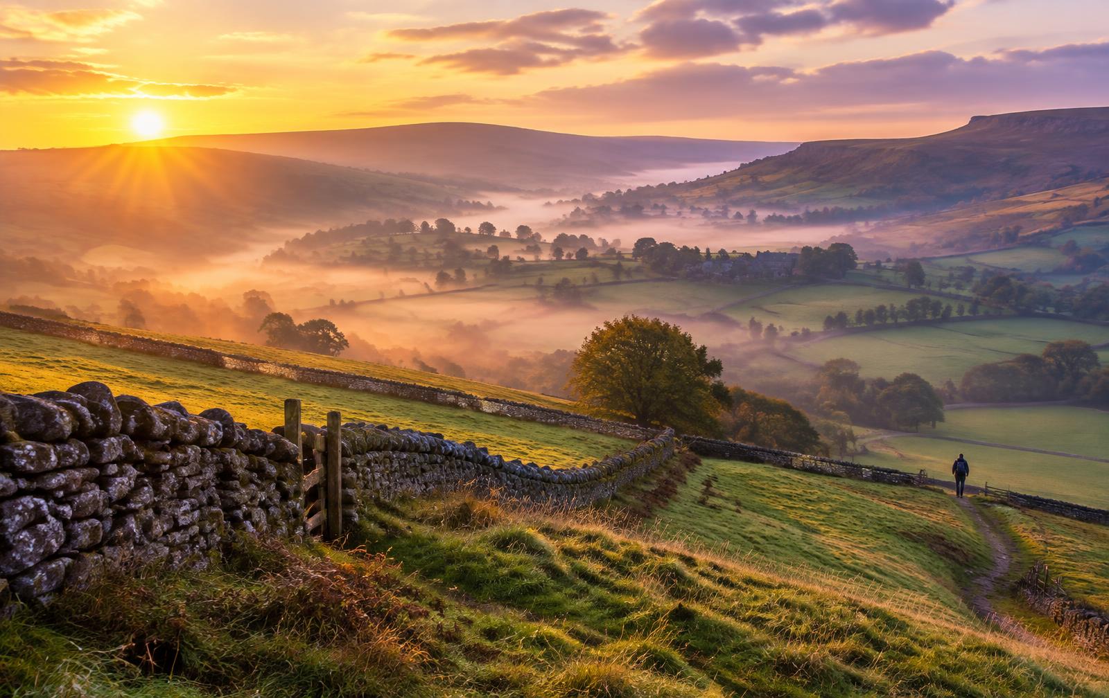 Golden sunrise over the rolling hills and dry stone walls of Derbyshire
