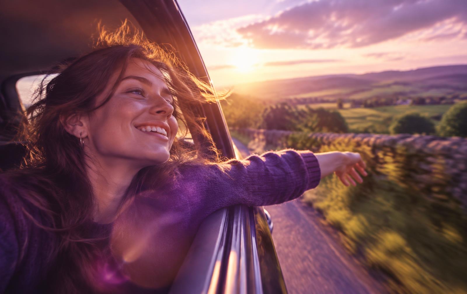 A woman smiling with her arm out of the car window on a sunlit country road trip