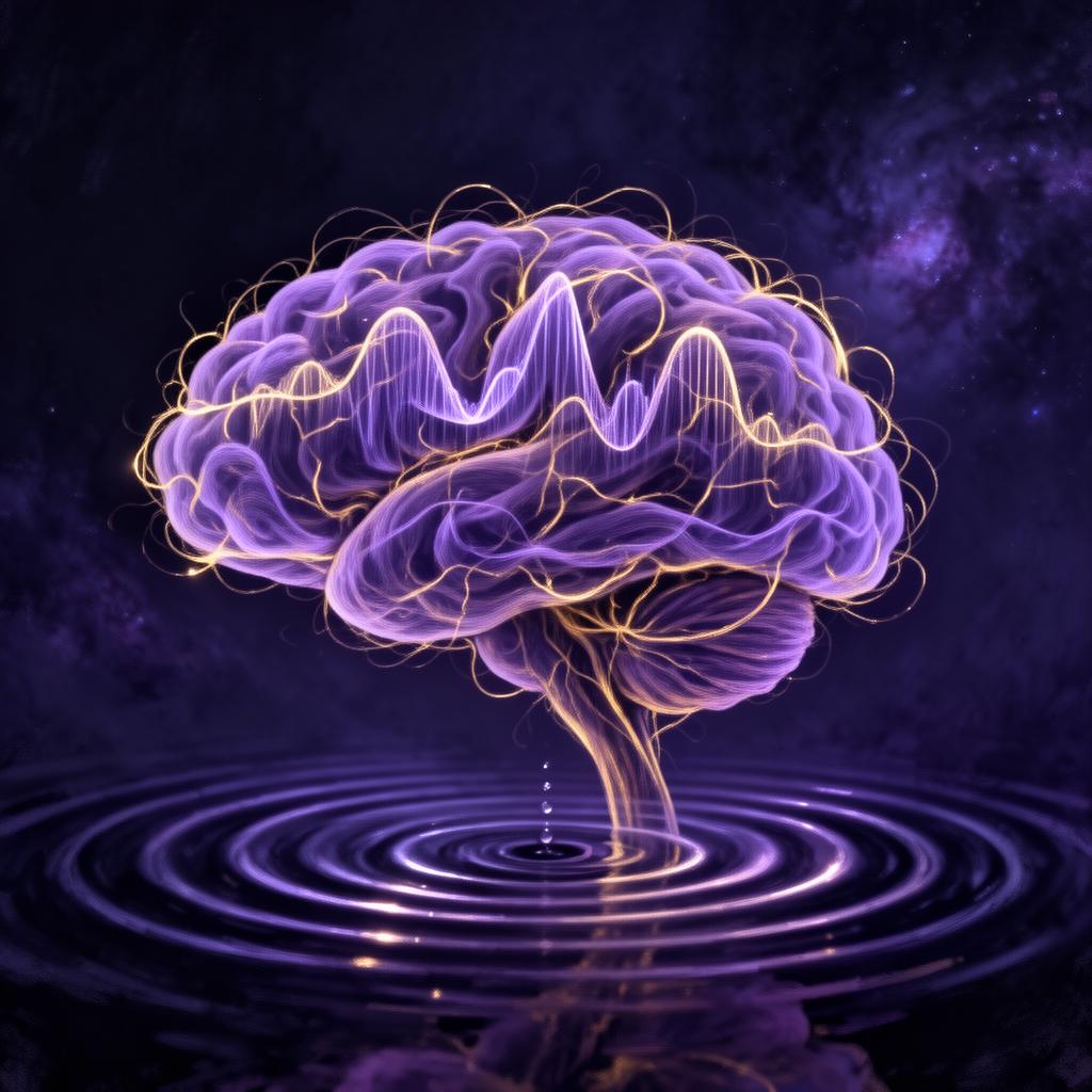 Abstract artistic brain made of luminous violet and gold sound waves rippling outward