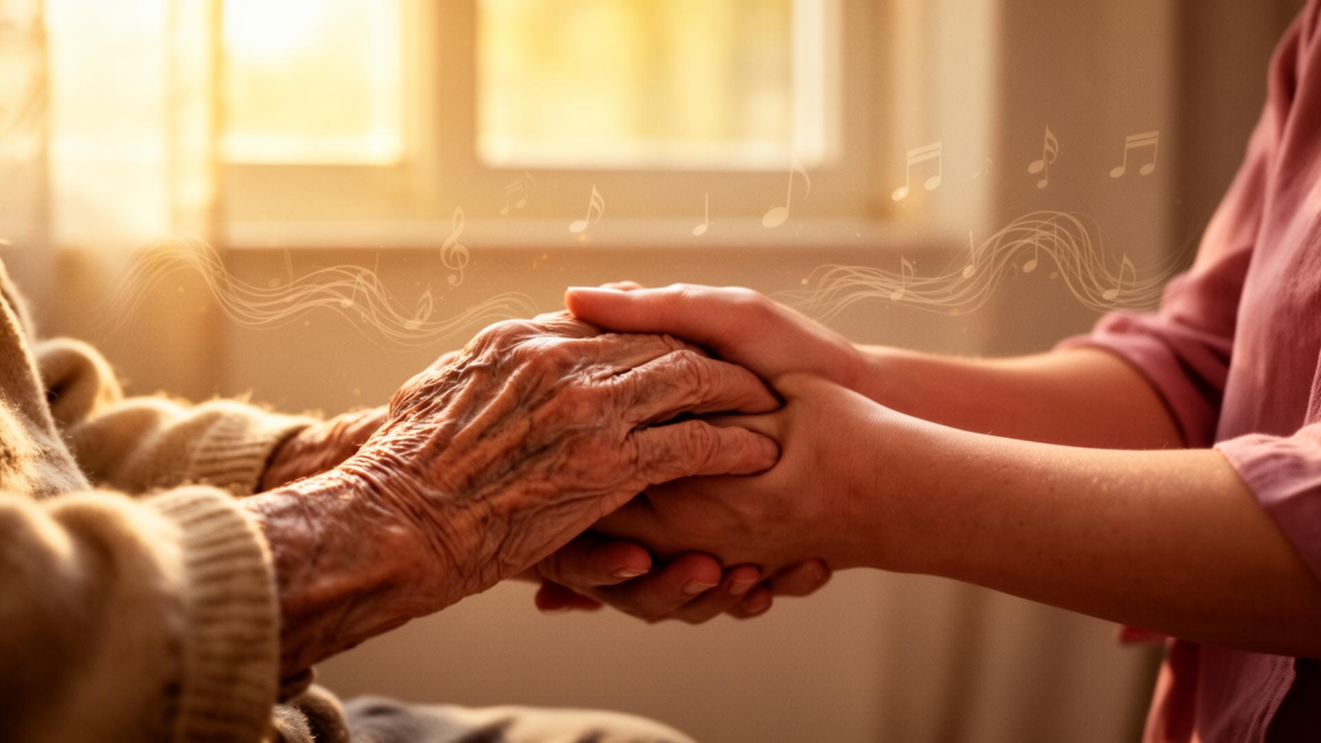 Younger hands holding an elderly person's hands as faint music notes drift in the warm window light
