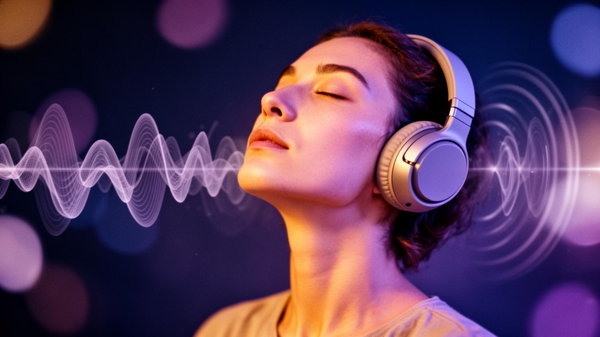 Listener with eyes closed wearing headphones, sound waves emanating outward